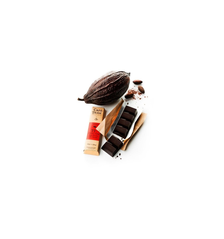 Шоколад темный Dark chocolate bar 77% with Cocoa nibs CAFE-TASSE, 45г